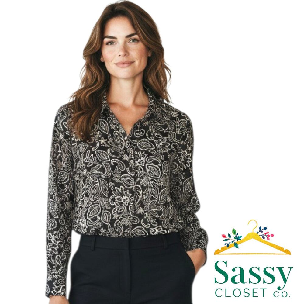 VINCE CAMUTO Paisley Long Sleeve Blouse L Black Neutral Silk-Feel Workwear EUC